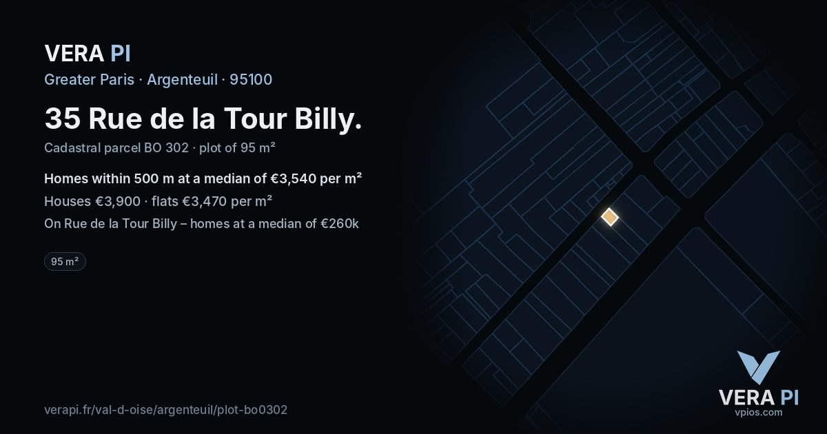 35 Rue de la Tour Billy, Argenteuil at night – the plot lit, the parcels around coloured by the prices near them
