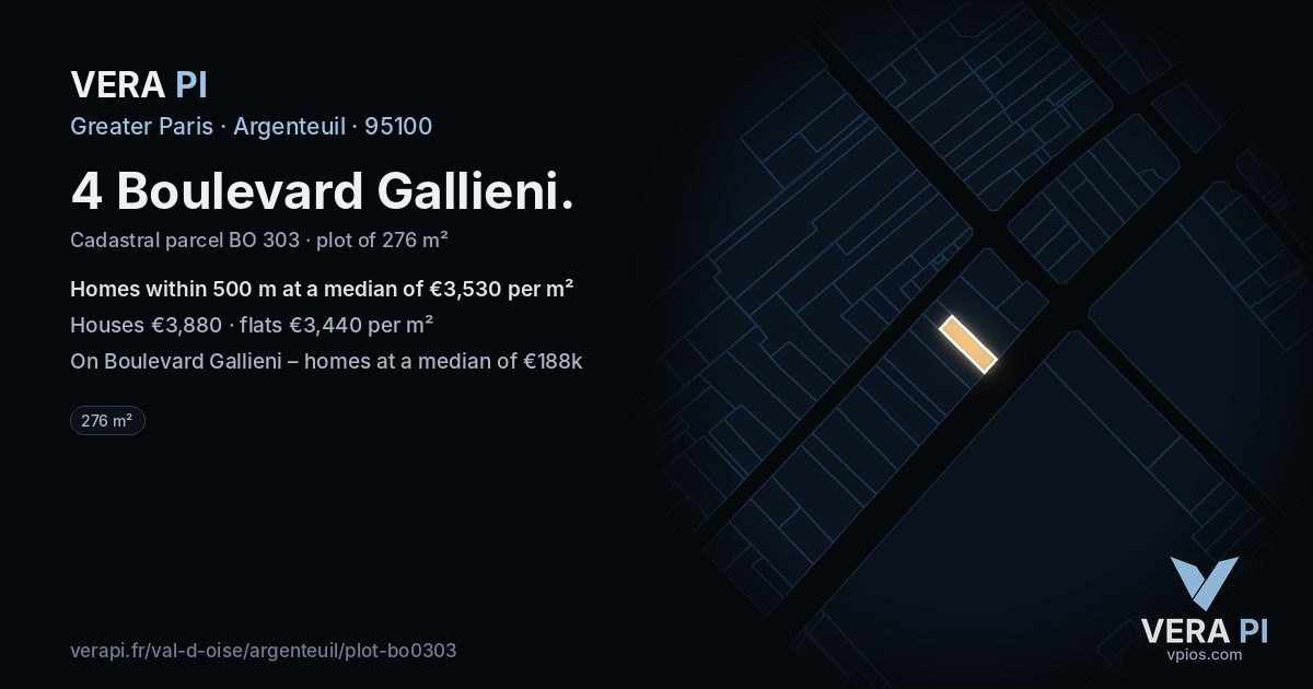 4 Boulevard Gallieni, Argenteuil at night – the plot lit, the parcels around coloured by the prices near them