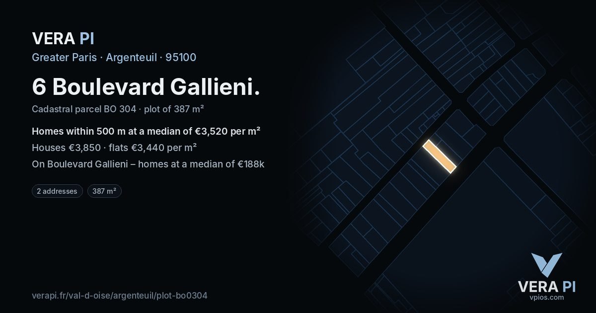 6 Boulevard Gallieni, Argenteuil at night – the plot lit, the parcels around coloured by the prices near them