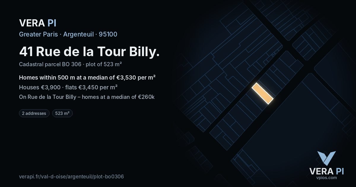 41 Rue de la Tour Billy, Argenteuil at night – the plot lit, the parcels around coloured by the prices near them