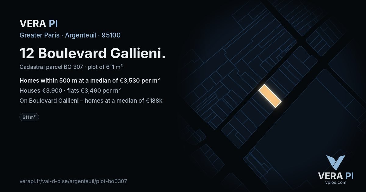 12 Boulevard Gallieni, Argenteuil at night – the plot lit, the parcels around coloured by the prices near them