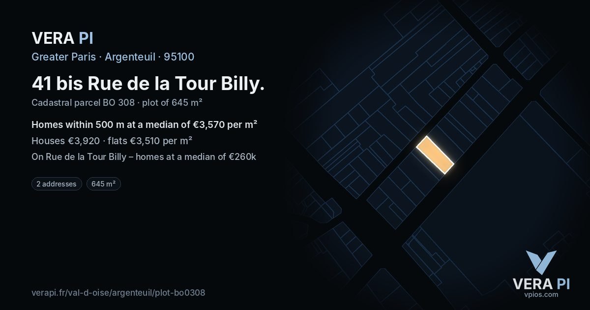 41 bis Rue de la Tour Billy, Argenteuil at night – the plot lit, the parcels around coloured by the prices near them