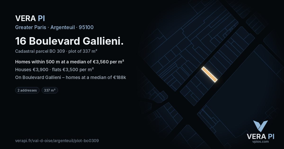 16 Boulevard Gallieni, Argenteuil at night – the plot lit, the parcels around coloured by the prices near them