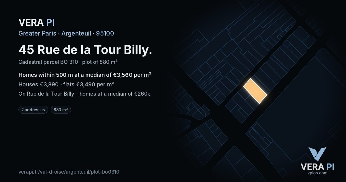 45 Rue de la Tour Billy, Argenteuil at night – the plot lit, the parcels around coloured by the prices near them