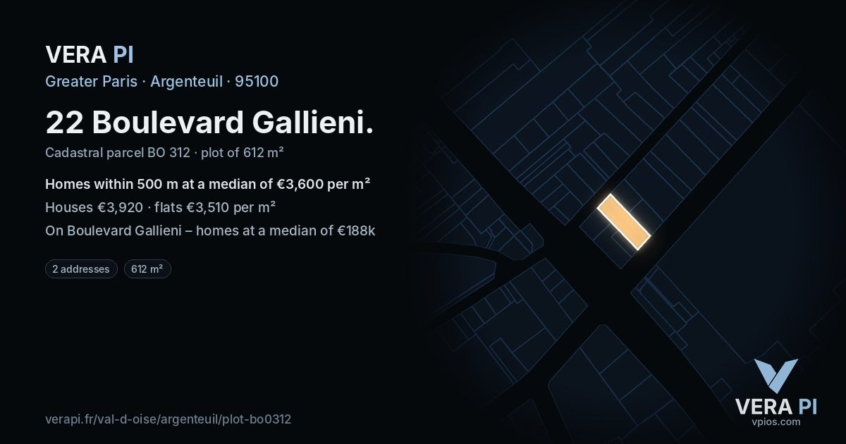 22 Boulevard Gallieni, Argenteuil at night – the plot lit, the parcels around coloured by the prices near them