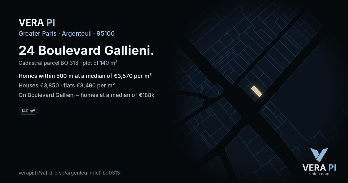 24 Boulevard Gallieni, Argenteuil at night – the plot lit, the parcels around coloured by the prices near them