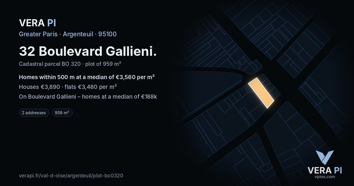 32 Boulevard Gallieni, Argenteuil at night – the plot lit, the parcels around coloured by the prices near them