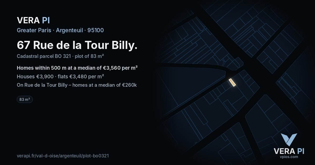 67 Rue de la Tour Billy, Argenteuil at night – the plot lit, the parcels around coloured by the prices near them