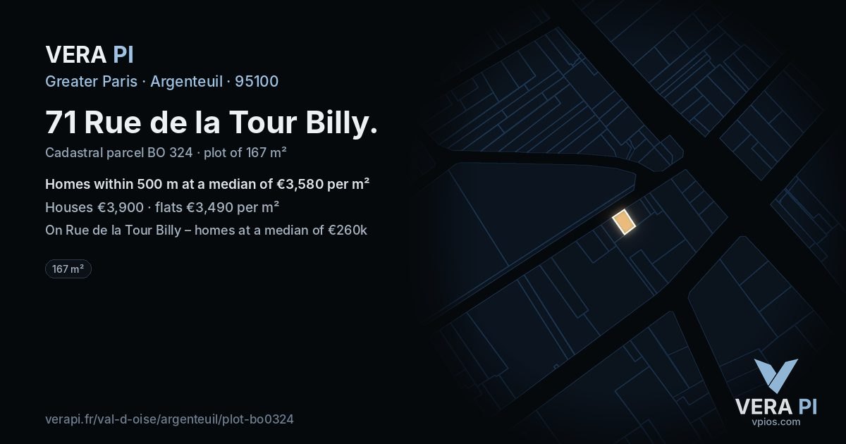 71 Rue de la Tour Billy, Argenteuil at night – the plot lit, the parcels around coloured by the prices near them