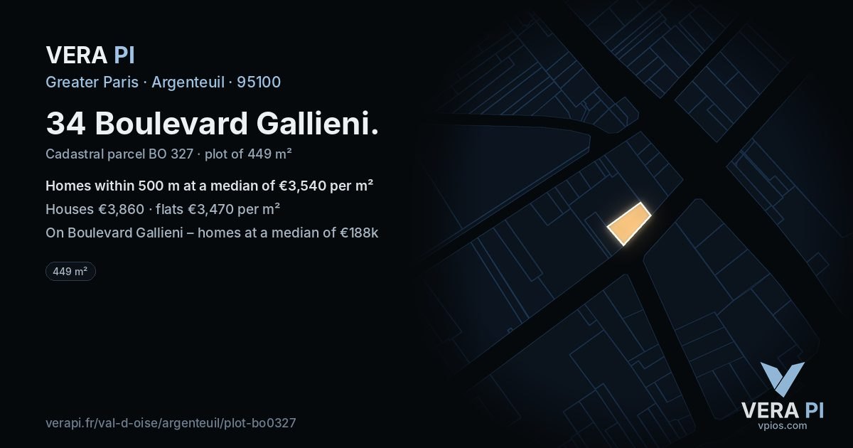 34 Boulevard Gallieni, Argenteuil at night – the plot lit, the parcels around coloured by the prices near them
