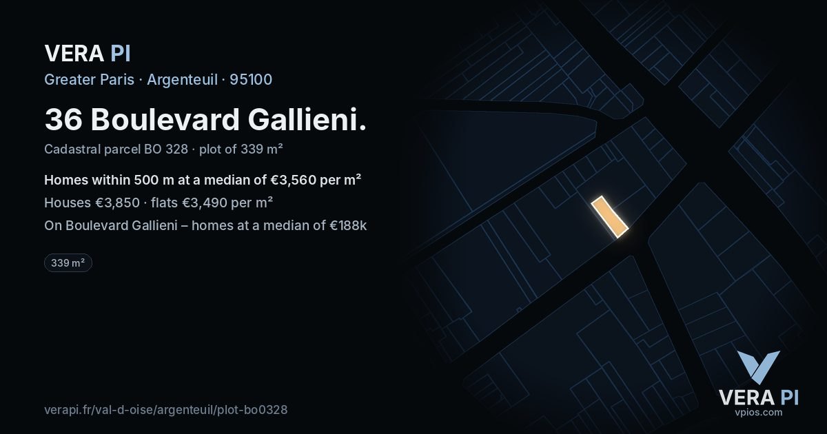 36 Boulevard Gallieni, Argenteuil at night – the plot lit, the parcels around coloured by the prices near them