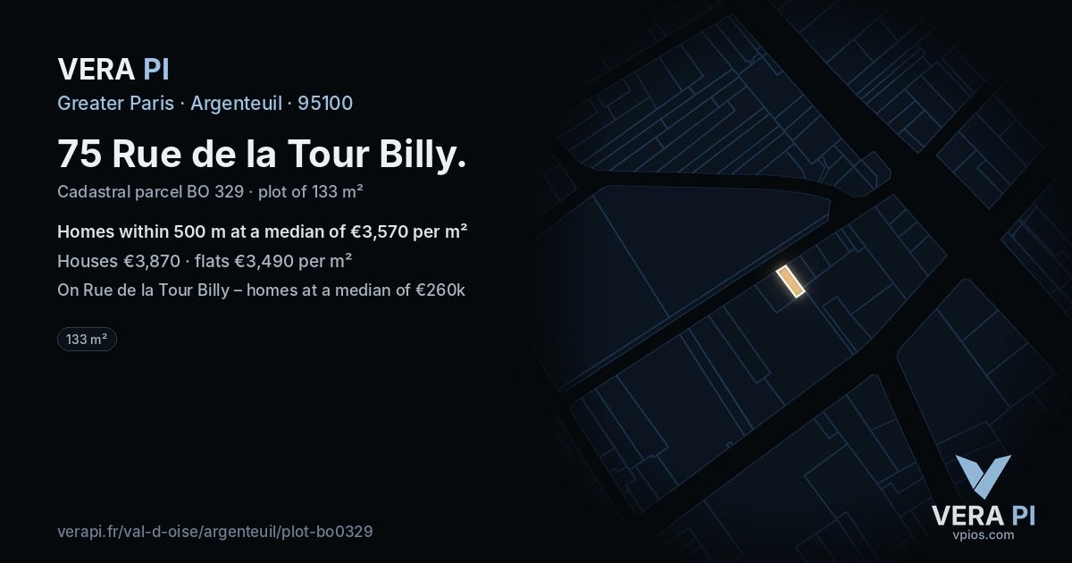 75 Rue de la Tour Billy, Argenteuil at night – the plot lit, the parcels around coloured by the prices near them