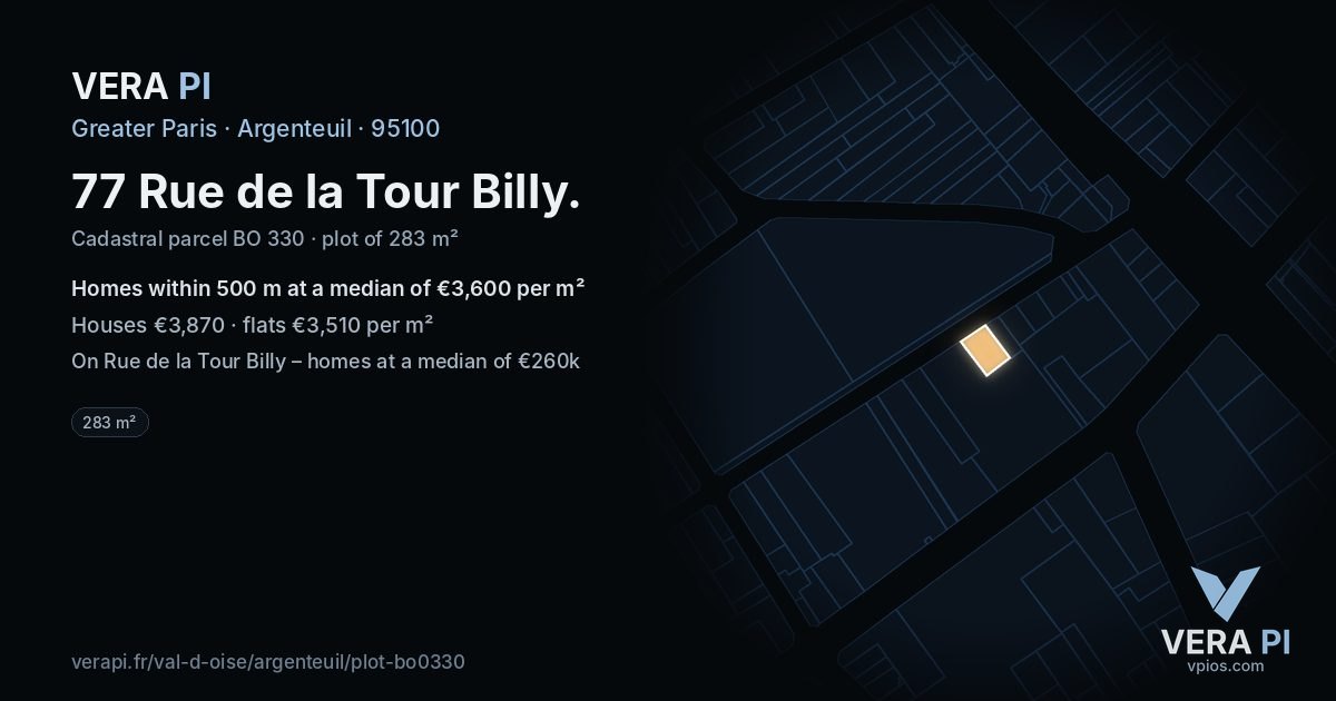 77 Rue de la Tour Billy, Argenteuil at night – the plot lit, the parcels around coloured by the prices near them