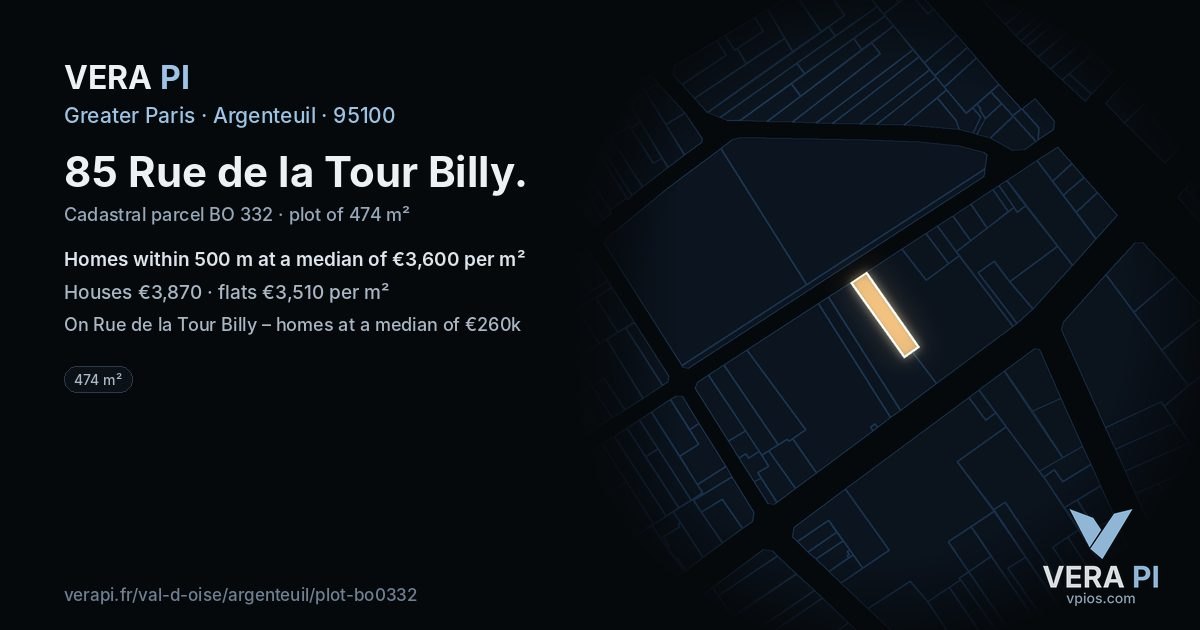 85 Rue de la Tour Billy, Argenteuil at night – the plot lit, the parcels around coloured by the prices near them