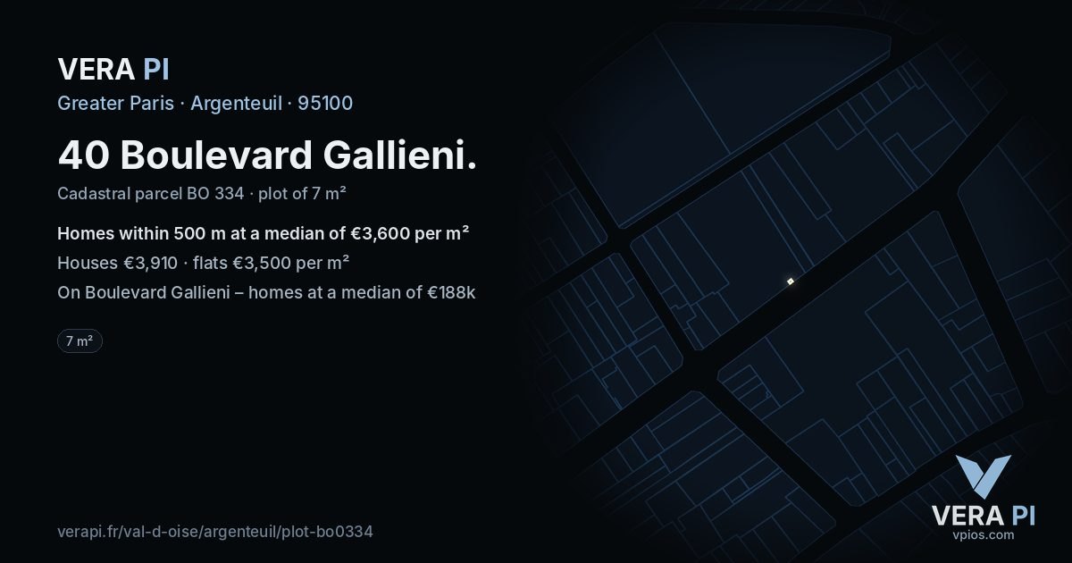 40 Boulevard Gallieni, Argenteuil at night – the plot lit, the parcels around coloured by the prices near them