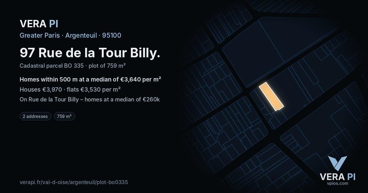 97 Rue de la Tour Billy, Argenteuil at night – the plot lit, the parcels around coloured by the prices near them