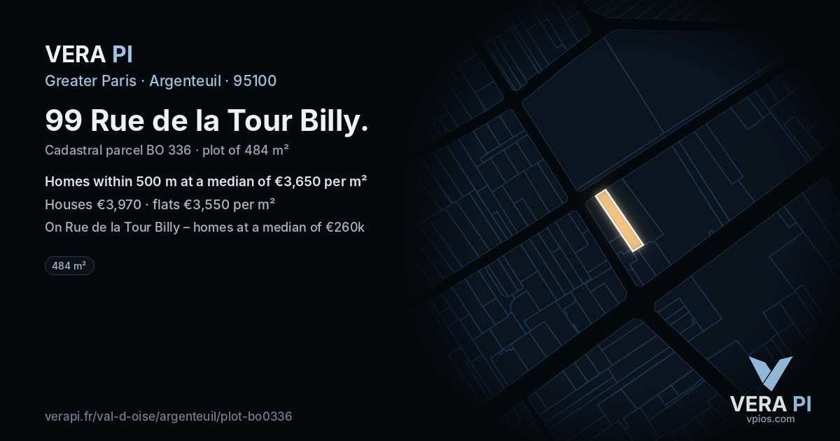 99 Rue de la Tour Billy, Argenteuil at night – the plot lit, the parcels around coloured by the prices near them