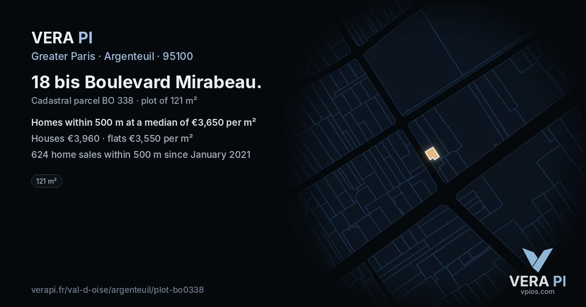 18 bis Boulevard Mirabeau, Argenteuil at night – the plot lit, the parcels around coloured by the prices near them