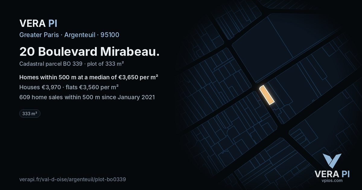 20 Boulevard Mirabeau, Argenteuil at night – the plot lit, the parcels around coloured by the prices near them