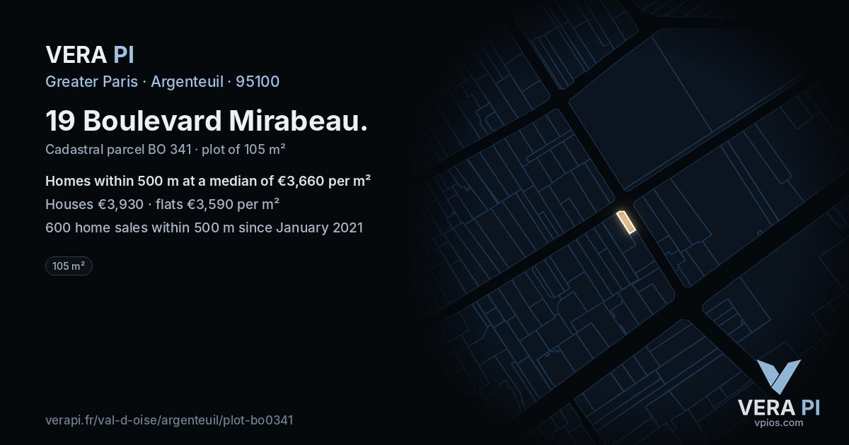 19 Boulevard Mirabeau, Argenteuil at night – the plot lit, the parcels around coloured by the prices near them