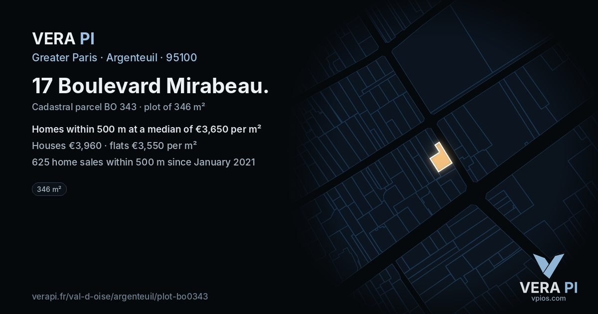 17 Boulevard Mirabeau, Argenteuil at night – the plot lit, the parcels around coloured by the prices near them