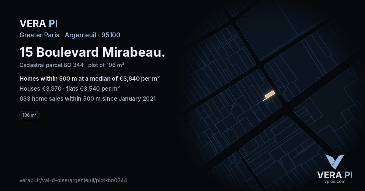 15 Boulevard Mirabeau, Argenteuil at night – the plot lit, the parcels around coloured by the prices near them