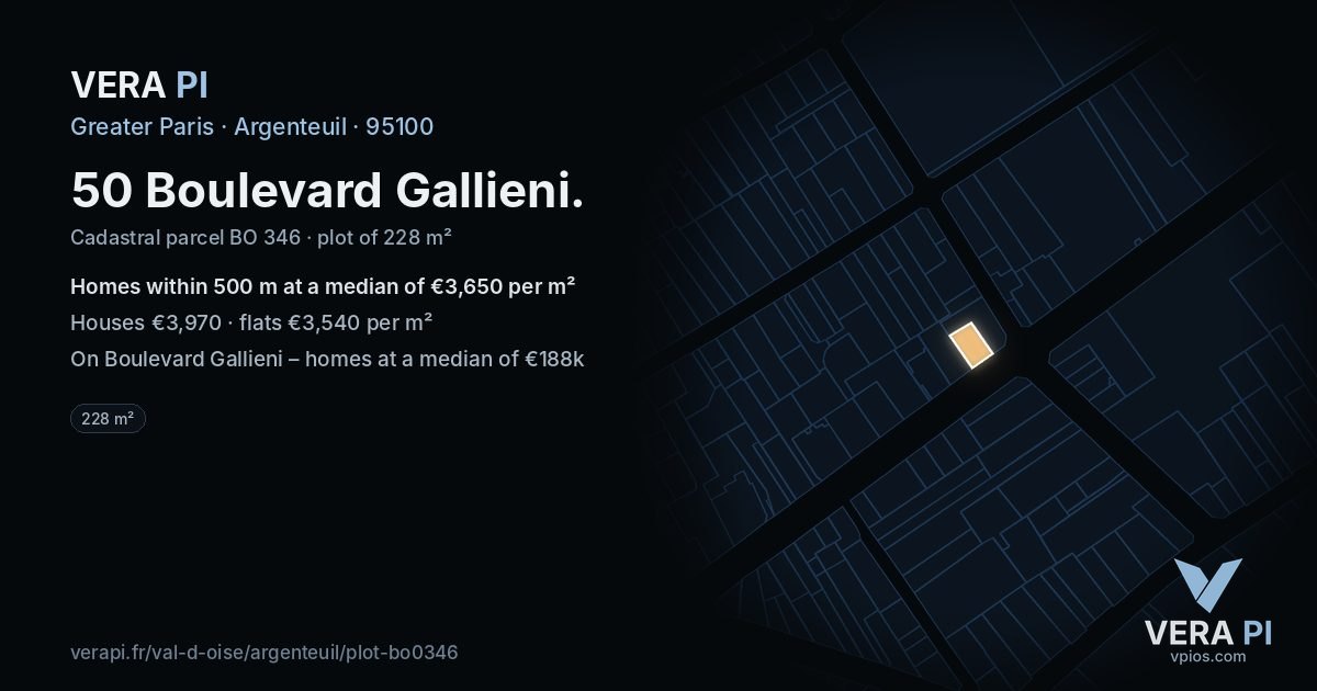50 Boulevard Gallieni, Argenteuil at night – the plot lit, the parcels around coloured by the prices near them
