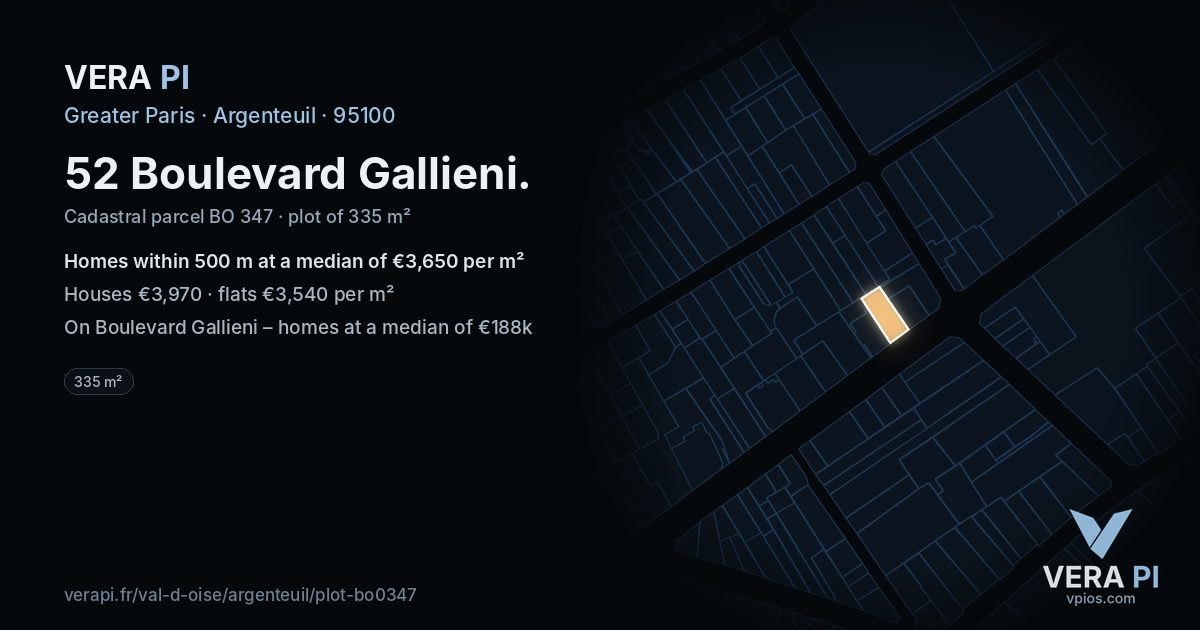 52 Boulevard Gallieni, Argenteuil at night – the plot lit, the parcels around coloured by the prices near them