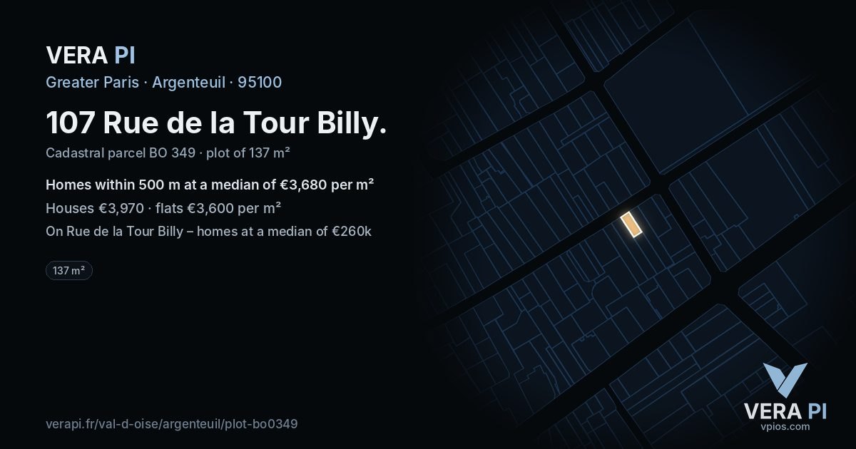 107 Rue de la Tour Billy, Argenteuil at night – the plot lit, the parcels around coloured by the prices near them