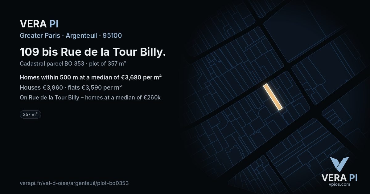 109 bis Rue de la Tour Billy, Argenteuil at night – the plot lit, the parcels around coloured by the prices near them