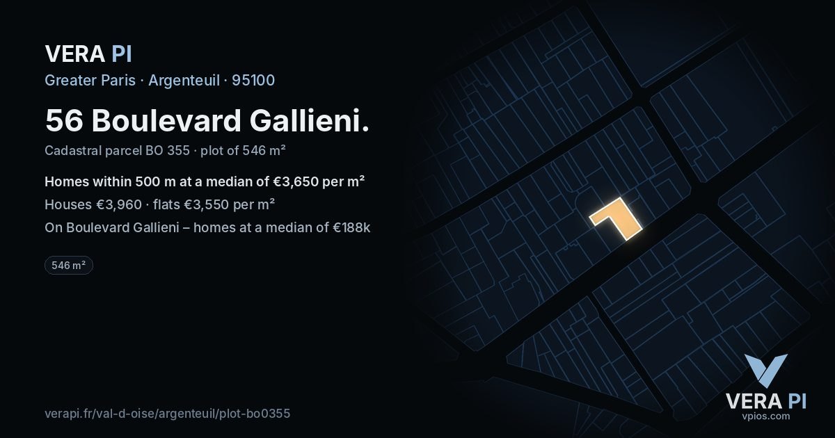56 Boulevard Gallieni, Argenteuil at night – the plot lit, the parcels around coloured by the prices near them