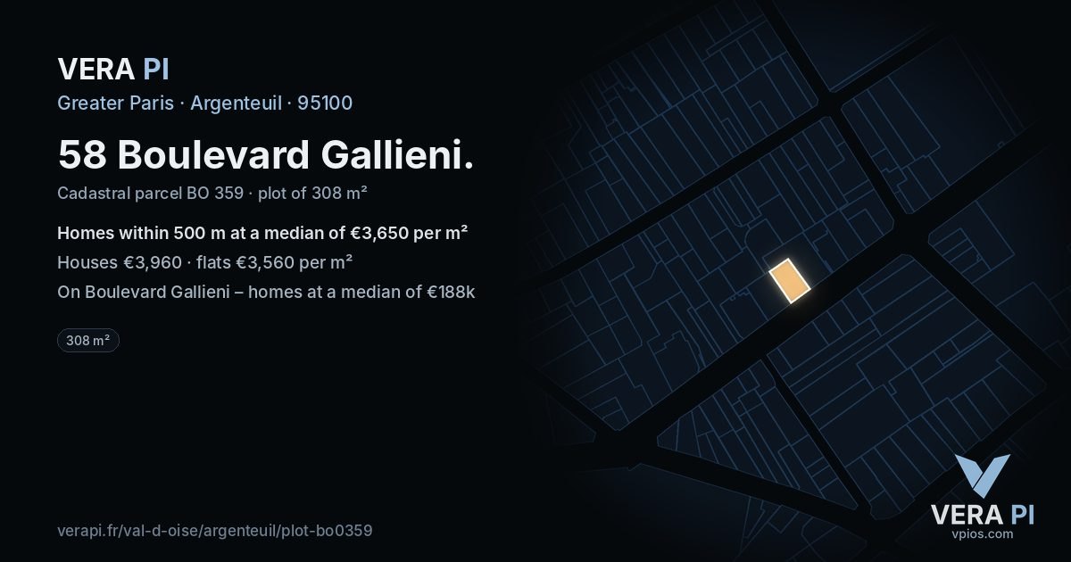 58 Boulevard Gallieni, Argenteuil at night – the plot lit, the parcels around coloured by the prices near them