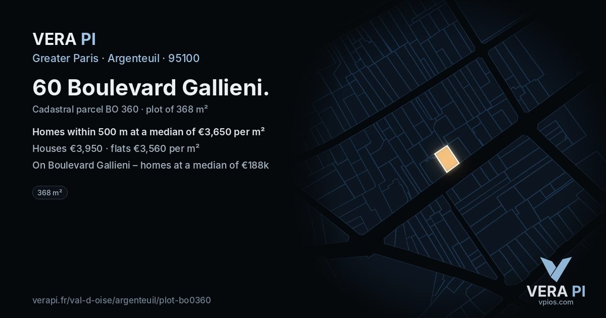 60 Boulevard Gallieni, Argenteuil at night – the plot lit, the parcels around coloured by the prices near them