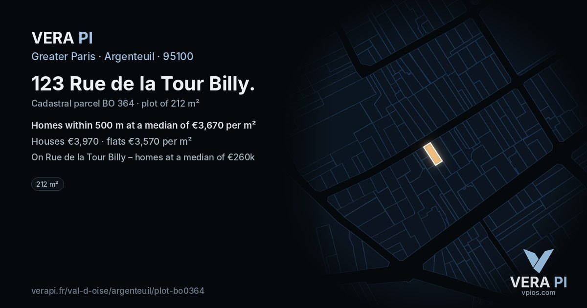 123 Rue de la Tour Billy, Argenteuil at night – the plot lit, the parcels around coloured by the prices near them