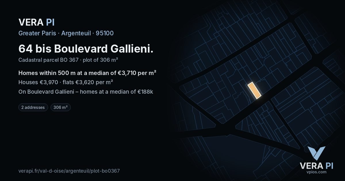 64 bis Boulevard Gallieni, Argenteuil at night – the plot lit, the parcels around coloured by the prices near them
