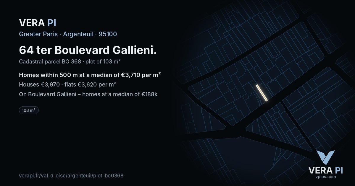 64 ter Boulevard Gallieni, Argenteuil at night – the plot lit, the parcels around coloured by the prices near them