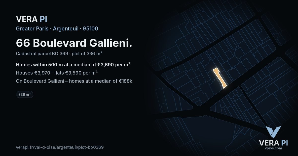 66 Boulevard Gallieni, Argenteuil at night – the plot lit, the parcels around coloured by the prices near them
