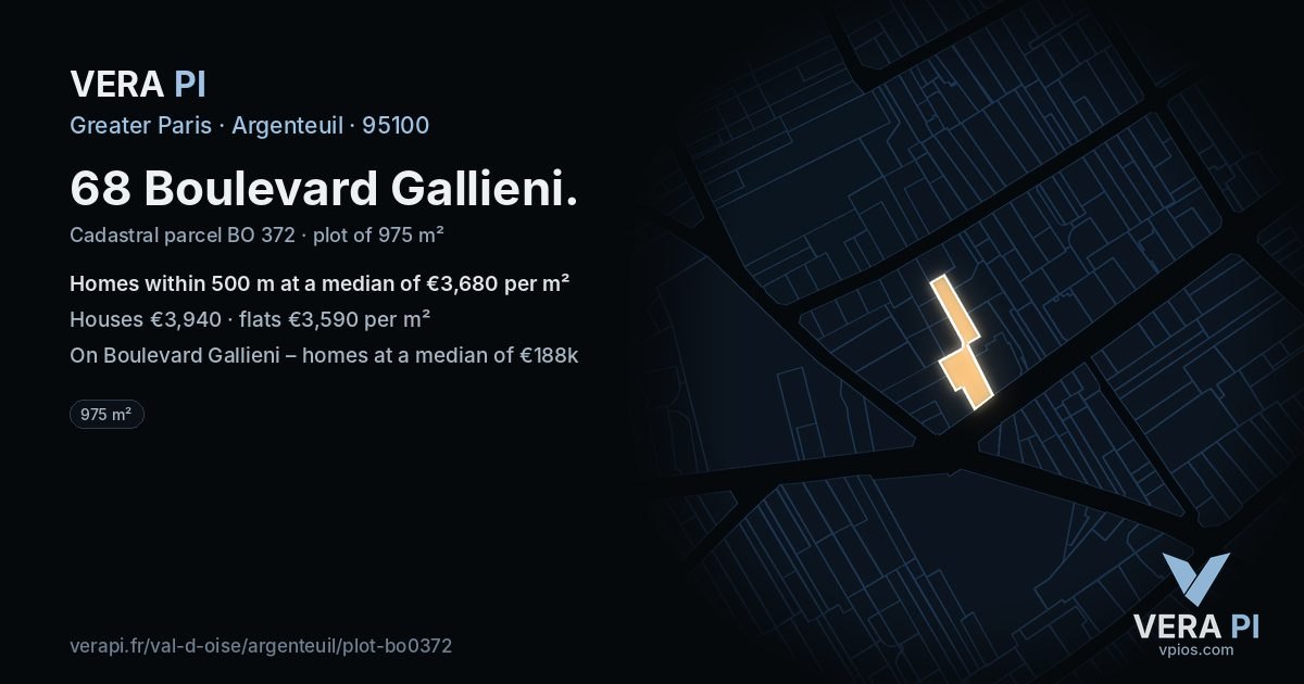 68 Boulevard Gallieni, Argenteuil at night – the plot lit, the parcels around coloured by the prices near them