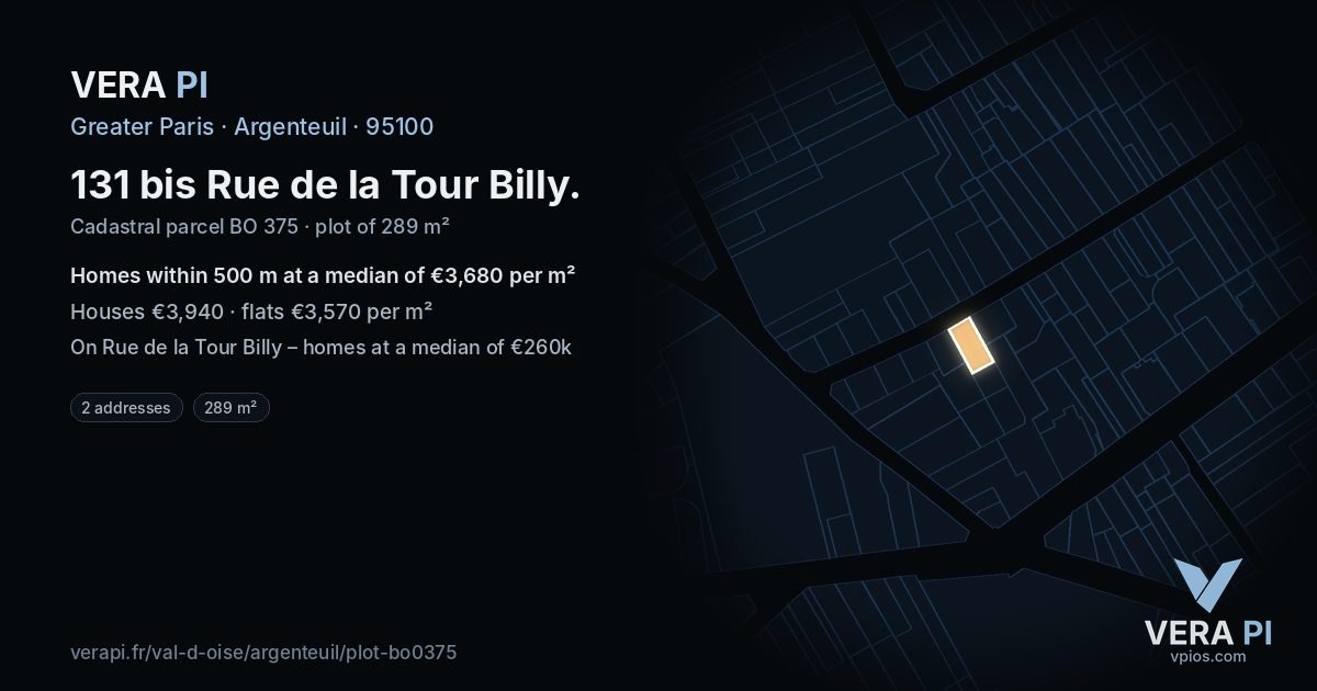 131 bis Rue de la Tour Billy, Argenteuil at night – the plot lit, the parcels around coloured by the prices near them
