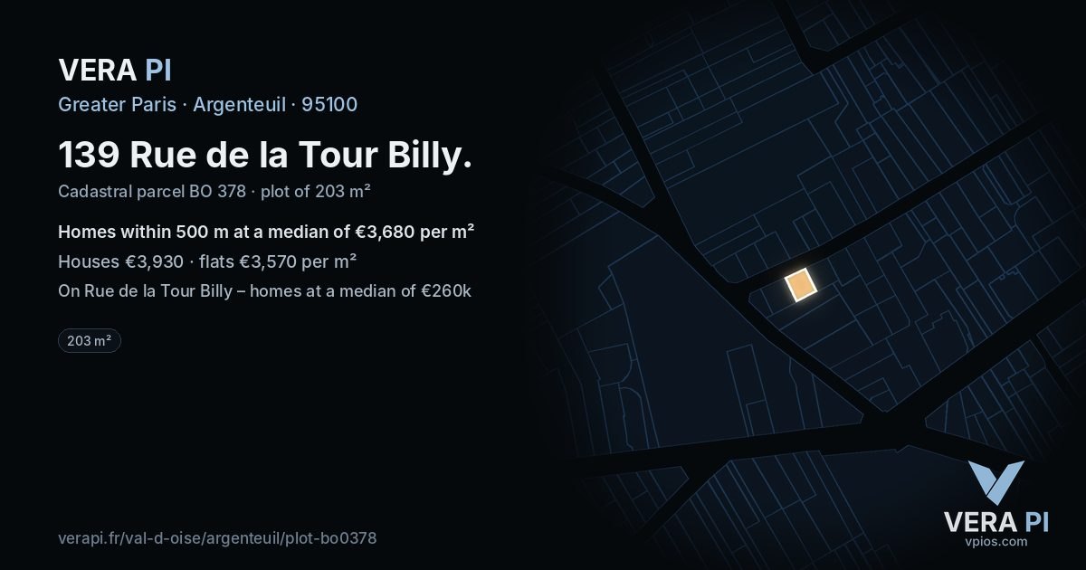 139 Rue de la Tour Billy, Argenteuil at night – the plot lit, the parcels around coloured by the prices near them