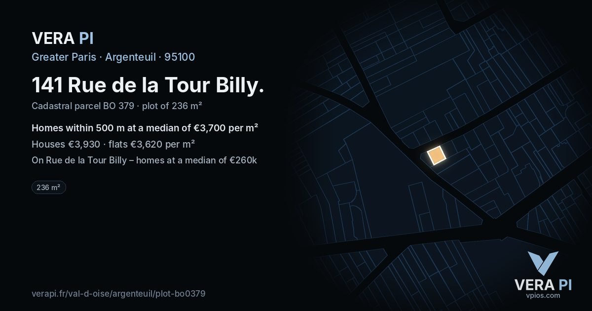 141 Rue de la Tour Billy, Argenteuil at night – the plot lit, the parcels around coloured by the prices near them