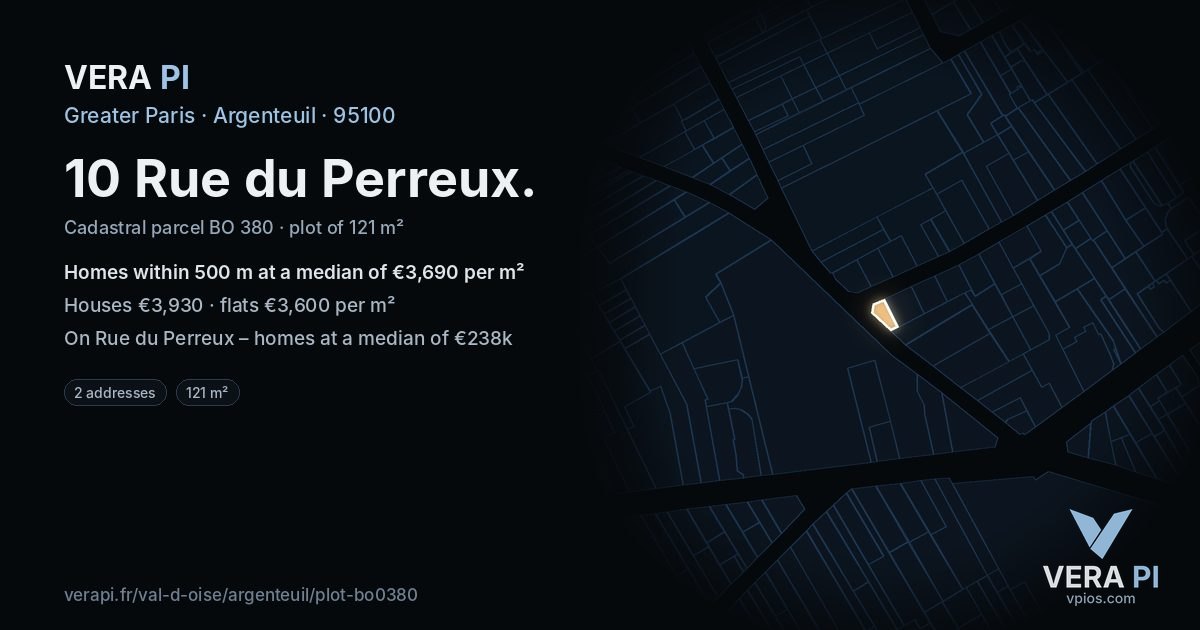 10 Rue du Perreux, Argenteuil at night – the plot lit, the parcels around coloured by the prices near them