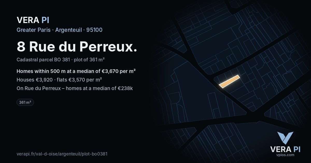 8 Rue du Perreux, Argenteuil at night – the plot lit, the parcels around coloured by the prices near them