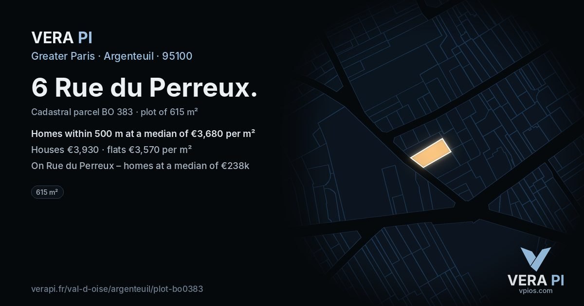 6 Rue du Perreux, Argenteuil at night – the plot lit, the parcels around coloured by the prices near them