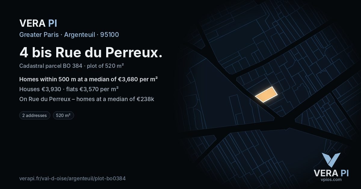 4 bis Rue du Perreux, Argenteuil at night – the plot lit, the parcels around coloured by the prices near them