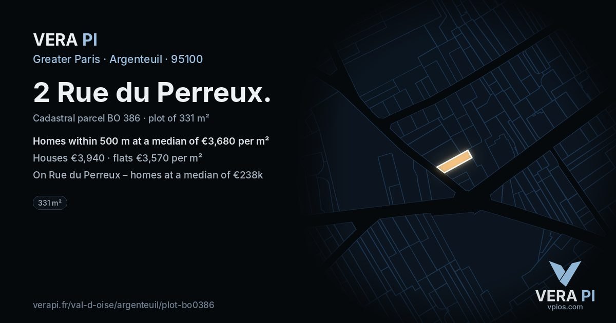 2 Rue du Perreux, Argenteuil at night – the plot lit, the parcels around coloured by the prices near them