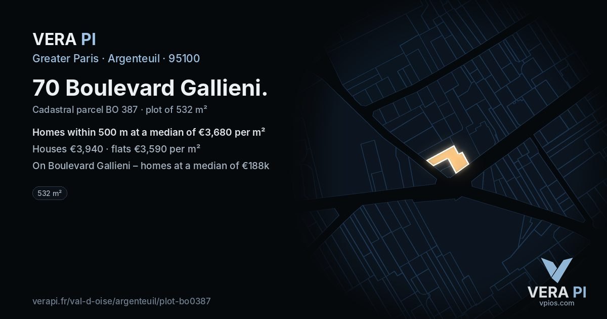 70 Boulevard Gallieni, Argenteuil at night – the plot lit, the parcels around coloured by the prices near them