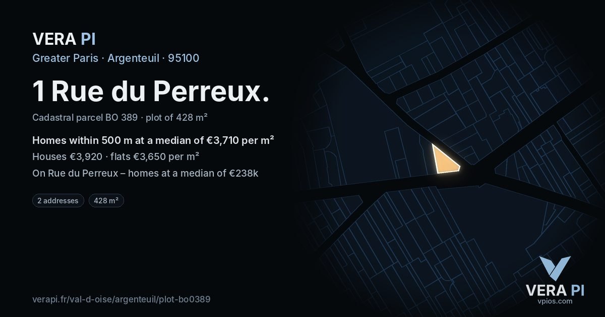 1 Rue du Perreux, Argenteuil at night – the plot lit, the parcels around coloured by the prices near them