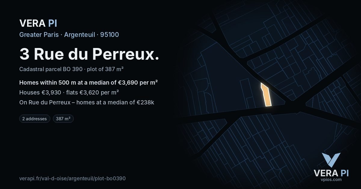 3 Rue du Perreux, Argenteuil at night – the plot lit, the parcels around coloured by the prices near them