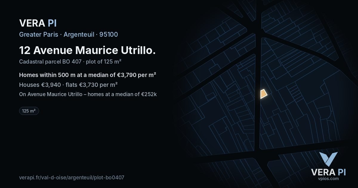 12 Avenue Maurice Utrillo, Argenteuil at night – the plot lit, the parcels around coloured by the prices near them